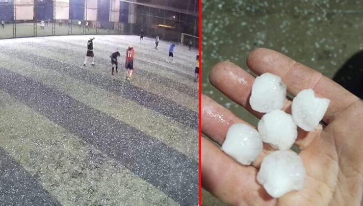 Ceviz büyüklüğünde dolu yağışına halı saha maçında yakalandılar