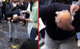 100 lira verdiği yaşlı adamın kafasında 6 adet yumurta kırdı, çevredekiler de alkışladı