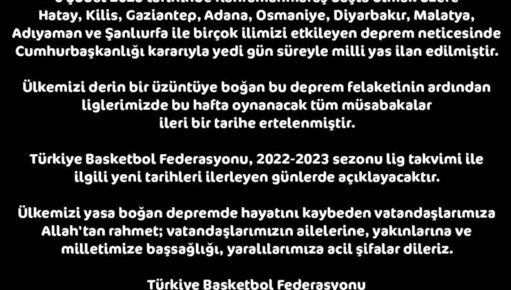 Türkiye Basketbol Federasyonu, maçların ertelendiğini duyurdu